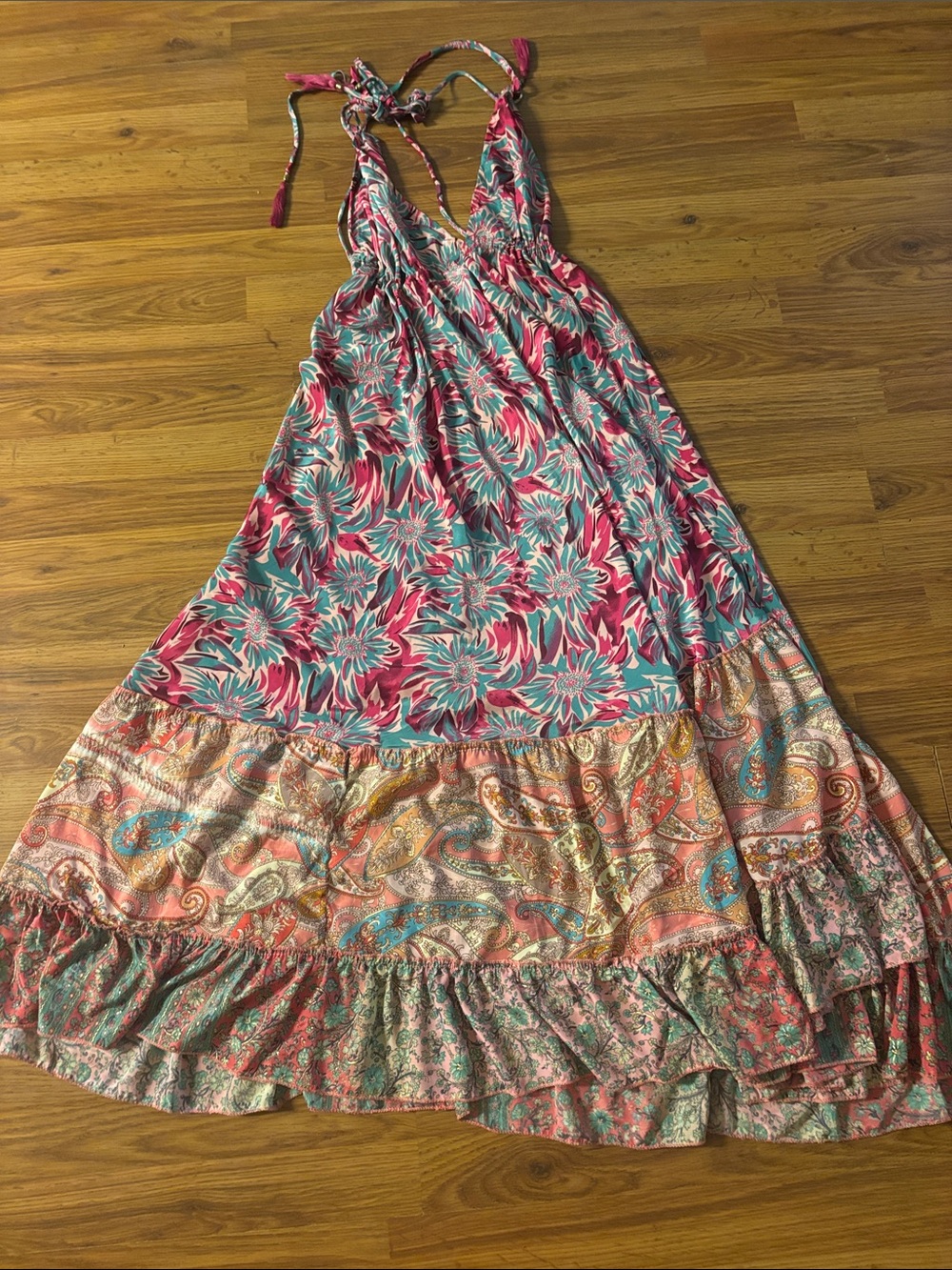 Floral Halter Maxi Dress in Pink & Teal
